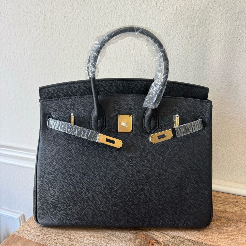 Black Pebble Leather 35 Belted Lock Key Satchel Structured Doctor's Bag w/ Gold